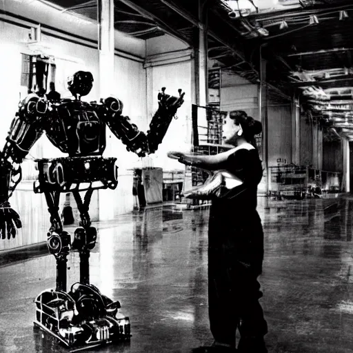 Image similar to scientists discovering a humanoid mechanical robot inside a warehouse, 1 9 2 0's sci - fi, black and white, 8 k, highly ornate intricate details, extreme detail,