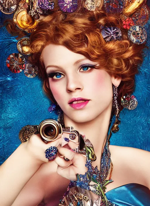 Image similar to covergirl advertisement photography by mucha, extremely coherent, sharp focus, elegant, render, octane, detailed, award winning photography, masterpiece, rim lit