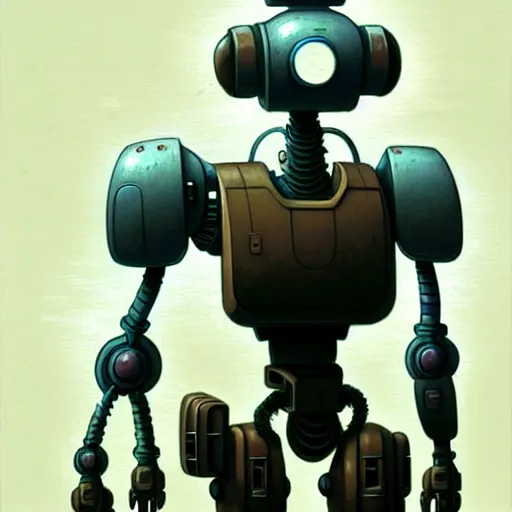 Prompt: detailed concept art of a diesel punk robot in an empty room in a muted color palette, trending on artstation, award - winning video game concept art by jim burns and greg rutkowski, beksinski, a sci - fi concept art masterpiece, james gilleard, bruegel, alphonse mucha, and yoshitaka amano.