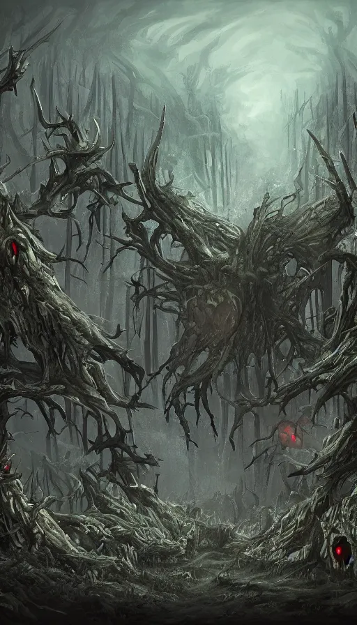 Image similar to a storm vortex made of many demonic eyes and teeth over a forest, by d & d concept artists