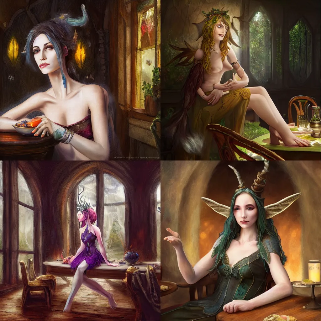 Image similar to A female archfey from the Feywild sitting in the dining room alone, 4k resolution, oil painting, highly detailed