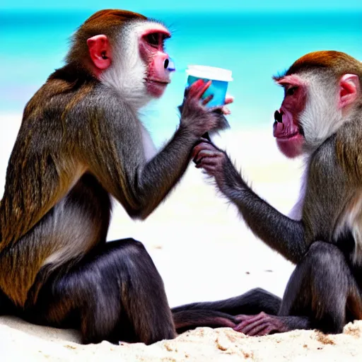 Prompt: two monkeys sipping ice coffee at a beach in the Caribbean