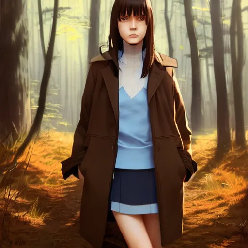 Image similar to realistic render of a girl with brown hair in a ponytail, blue eyes wearing a blue trenchcoat by rossdraws, forest background by ilya kuvshinov, digital anime art by ross tran, composition by sana takeda, lighting by greg rutkowski