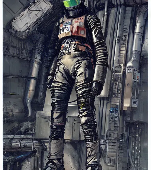 Image similar to realistic cyberpunk engineer with long limbs and a black spacesuit on a spacewalk, techwear, dead space, visible face, Industrial Scifi, detailed illustration, character portrait, by Ashley Wood and Moebius