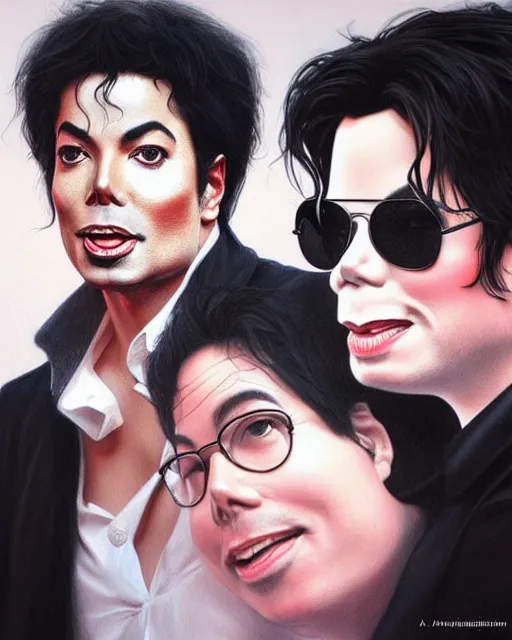 Prompt: Portrait Michael Jackson & Michael Mcintyre, drunk, in Ibiza, ,real life skin, intricate, elegant, highly detailed, artstation, concept art, smooth, sharp focus, art by artgerm and greg rutkowski and alphonse mucha