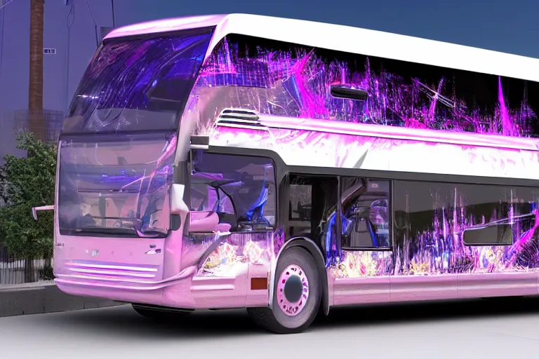 Image similar to photo of a futuristic nightliner bus outside in las vegas at night, custom airbrush paintjob, band name on the bus is tripmachine, realistic digital art, textured with a 3 d render of a huge futuristic steampunk generator, 8 k, fluorescent colors, halluzinogenic, multicolored, exaggerated detailed, unreal engine