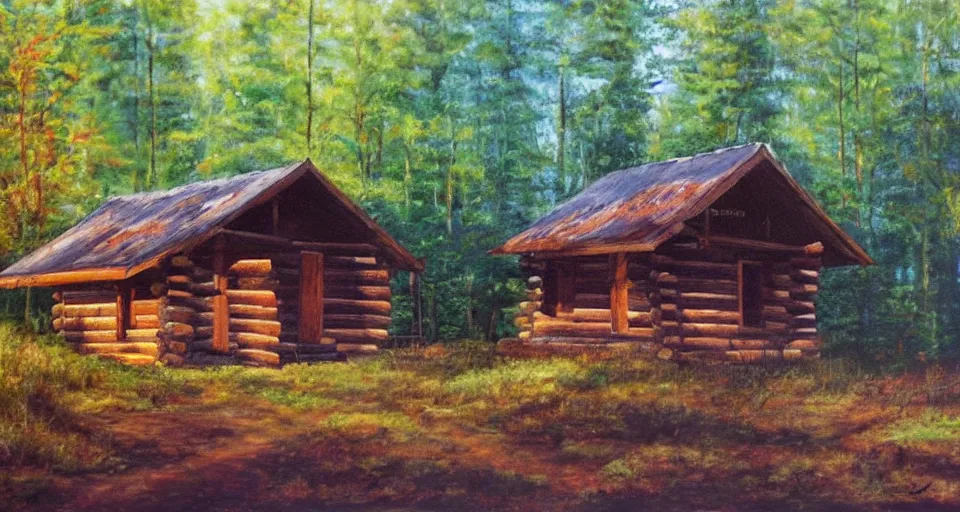 Image similar to one log cabin in the thick forest, beautiful painting, oil on canvas, by Ewa Czarniecka, award winning masterpiece,