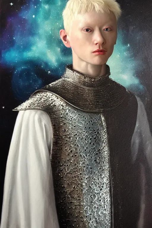 Image similar to hyperrealism oil painting, close - up portrait of albino medieval fashion model, knight, steel gradient mixed with nebula sky, in style of baroque