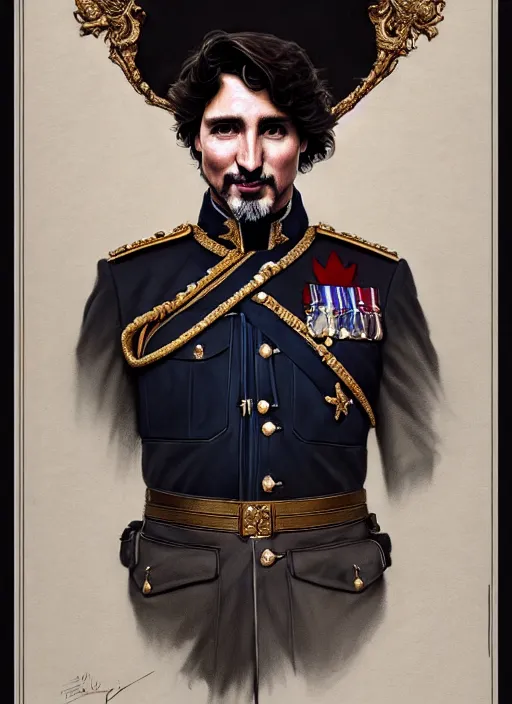 Image similar to portrait of supreme leader justin trudeau, royalty, extravagant, lord, full body, military uniform, fantasy, intricate, elegant, beautiful, highly detailed, charcoal, centered, dark, smokey, digital painting, artstation, concept art, art by artgerm and greg rutkowski and alphonse mucha