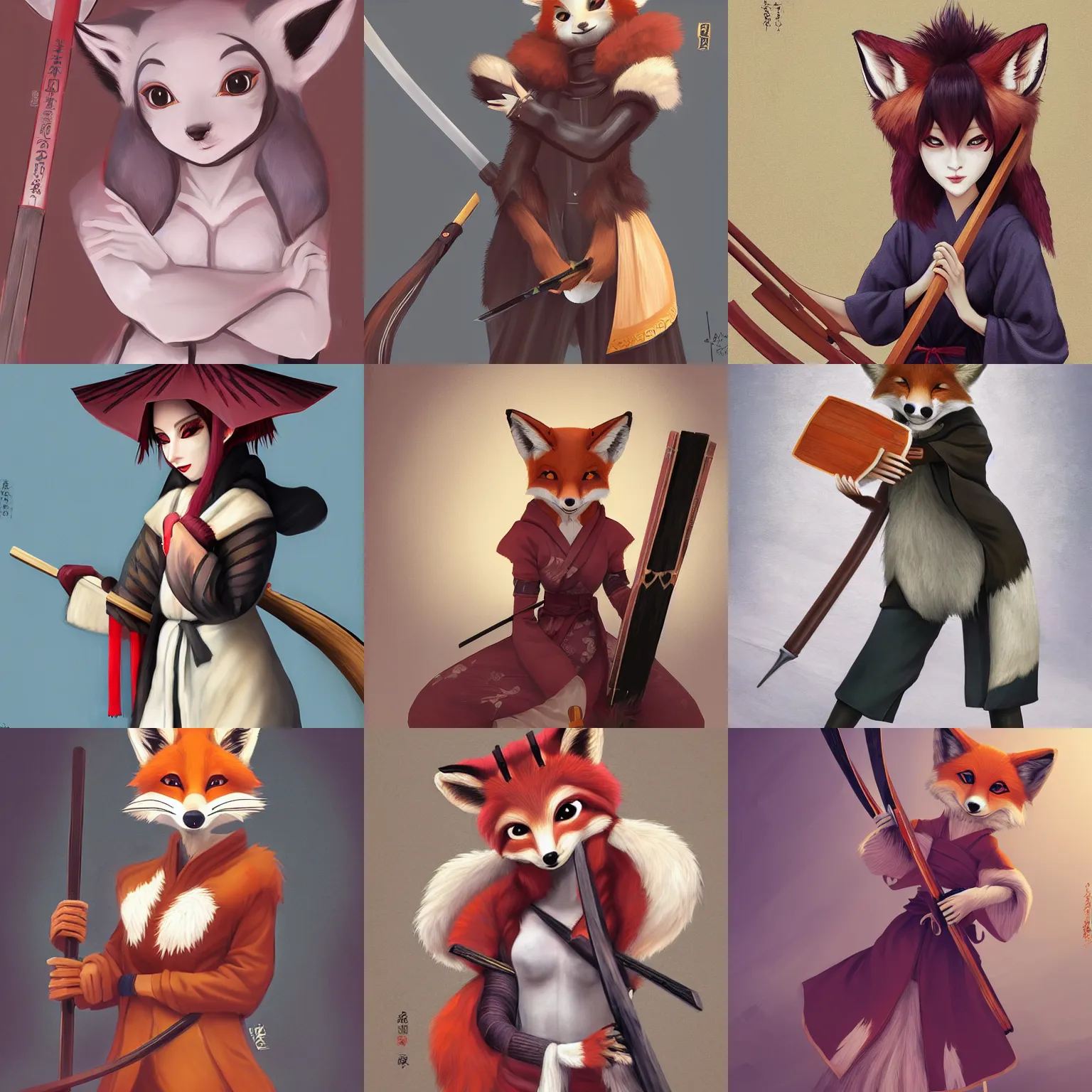 Prompt: a portrait of an feminine anthropomorphic fox vixen dressed in a jinbaori, fox nobushi holding a naginata, beauty portrait by ilya kuvshinov, stanley lau, furry fursona furaffinity!, unreal post processing, masterpiece