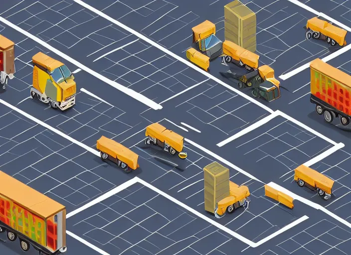 Prompt: futuristic cargo trucks driving inside a solarpunk city, illustration, isometric 3 d perspective