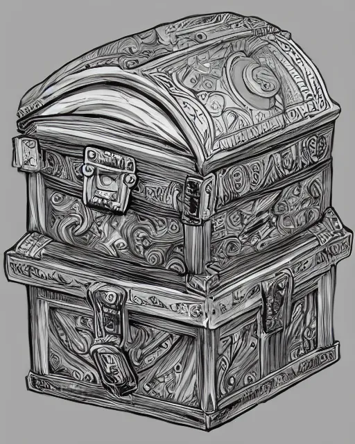 Image similar to a treasure chest closed, black and white, fantasy art, object art, in the style of masami kurumada, illustration, epic, fantasy, intricate, hyper detailed, artstation, concept art, smooth, sharp focus, ray tracing