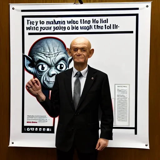 Image similar to president gollum standing in front of a poster with an image of the one ring