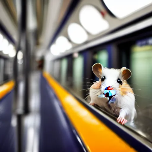 Image similar to photo of a hamsterinside a metro train, various poses, unedited, soft light, sharp focus, 8 k