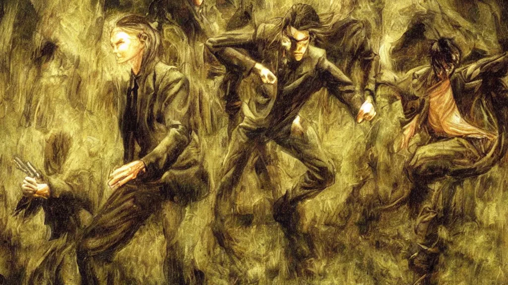 Image similar to an oil painting in the style of alan lee depicting the matrix ( 1 9 9 9 )