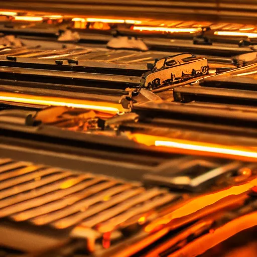 Prompt: line of toaster oven mecha heads on conveyor belt, dark messy smoke - filled cluttered workshop, dark, dramatic lighting, orange tint, sparks, cinematic, highly detailed, sci - fi, futuristic, movie still