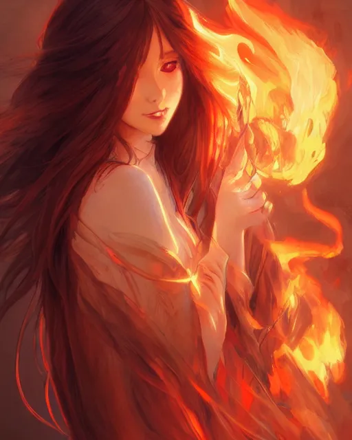 Image similar to beautiful long haired anime girl, fire dress, portrait, flames everywhere, highly detailed, digital painting, artstation, concept art, smooth, sharp focus, illustration, art by artgerm and greg rutkowski and alphonse mucha