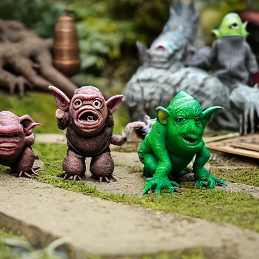 Image similar to autochrome photo of vintage disgusting brown Boglins, plastic goblin monster toys in a backyard garden, kaiju, oni, realistic