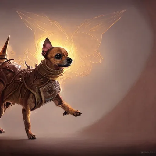 Image similar to tan coloured chihuahua Dog, battle armour, Anthropomorphized, casting epic spell, magic the gathering artwork, D&D, fantasy, cinematic lighting, centered, symmetrical, highly detailed, digital painting, artstation, concept art, smooth, sharp focus, illustration, volumetric lighting, epic Composition, 8k, art by Akihiko Yoshida and Greg Rutkowski and Craig Mullins, heroic pose, oil painting, cgsociety, magic lab background