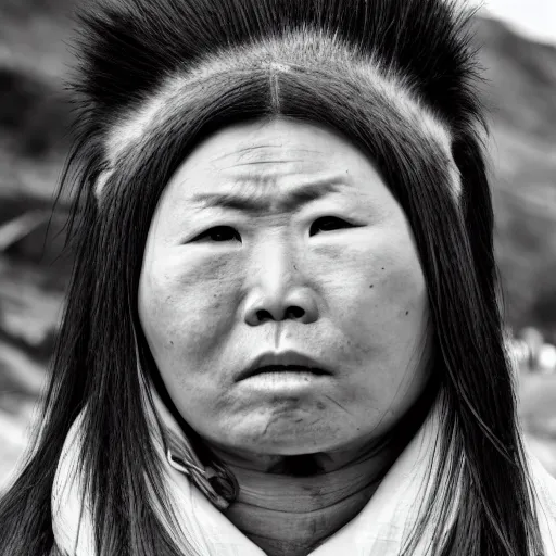 Image similar to hunnic protester face elongated cranium mongolian hair style photo black and white wide angle lense