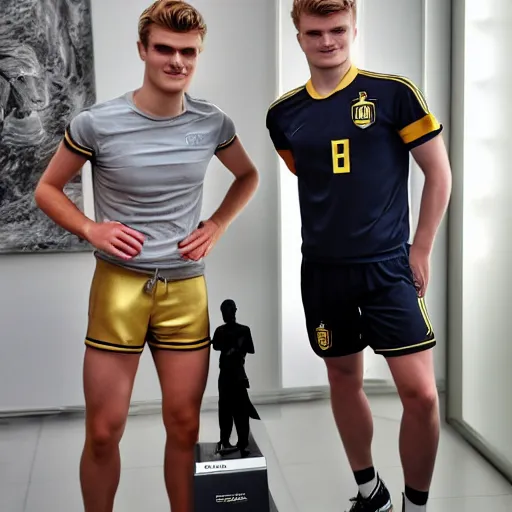 Prompt: a realistic detailed photo of a guy who is an attractive humanoid who is half robot and half humanoid, who is a male android, soccer players martin ødegaard & timo werner, shiny skin, posing like a statue, blank stare, in a living room, on display, showing off his muscles, gold soccer shorts, no jersey, statue, many copies of them