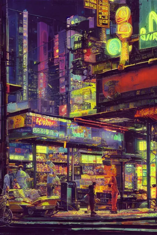 Prompt: a low angle shot of a food store at the base of a towering city, cyberpunk, neon lights, night, matte painting by John Berkey, 8k