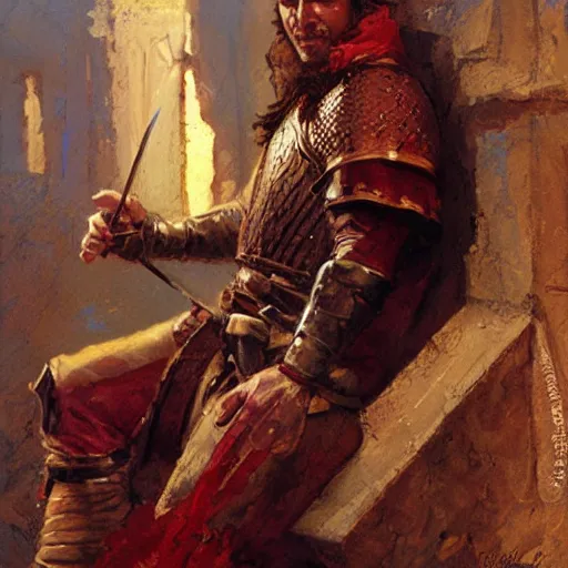 Image similar to a medieval fighter, turkish features, resting after a hard fight, happily tired, fantasy character portrait by gaston bussiere, craig mullins