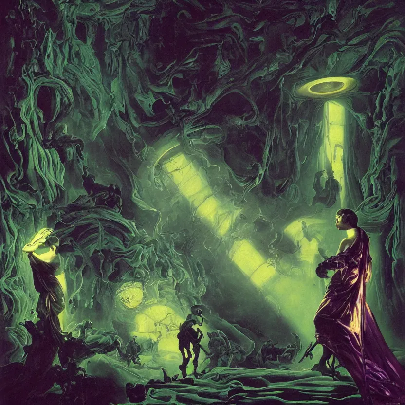 Prompt: a baroque neoclassical science fiction painting of a glowing eyes inside iridescent and reflective black glowing lovecraftian technology. deep green and purple foggy black atmosphere. renaissance painting. highly detailed science fiction painting by norman rockwell, frank frazetta, and syd mead. rich colors, high contrast, gloomy atmosphere, dark background. trending on artstation