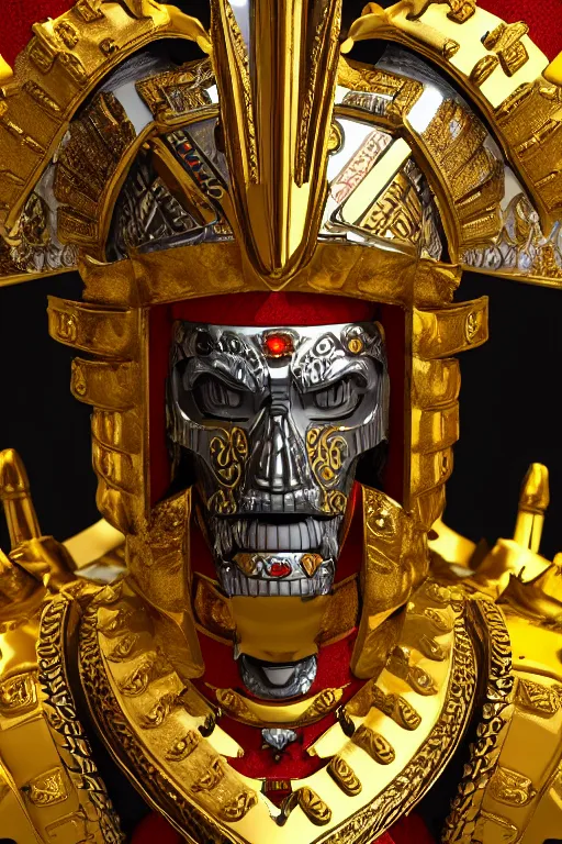 Prompt: Ancient Aztec warlord wearing Gold plated armor adorned with jewels in the shape of skulls, still photography, ray tracing, reflection, 3D Model, Unreal Engine 5, 4k Image