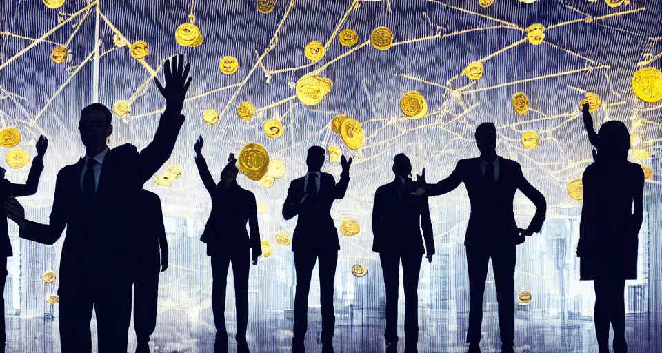 Image similar to Dramatic photo of a CEO waving goodbye in front of a group of silhouettes of his coworkers in a futuristic office. Golden coins are levitating all around them. 8k, high detail, trending on Artstation, volumetric lighting, cyberpunk