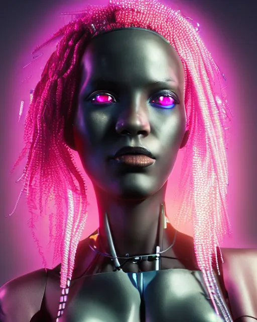 Image similar to portrait of a beautiful black woman with pink hair as a cyberpunk cyborg half robot, revealing wires and electronics, hooked - up, sci - fi, missing panels, intricate abstract upper body intricate artwork, concept art, octane render, deviantart, cinematic, key art, hyperrealism, iridescent accents, portrait photograph, nikon 3 5 mm, photograph by greg rutkowski