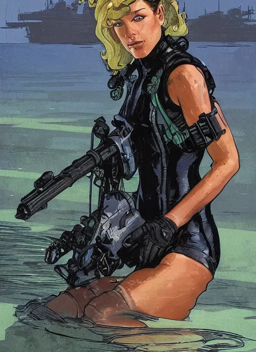 Prompt: Selina. Beautiful USN blackops operator emerging from water at the shoreline. Operator wearing Futuristic wetsuit and looking at an abandoned shipyard. Frogtrooper. rb6s, MGS, and splinter cell Concept art by James Gurney, Alphonso Mucha. Vivid color scheme.