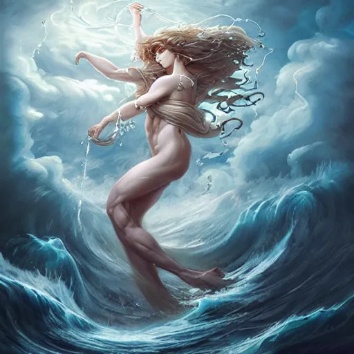 Image similar to portrait of a powerful goddess of water clothed in swirling water striding through a stormy sea, highly detailed matte fantasy painting, stormy lighting, by ross tran and artgerm and peter mohrbacher