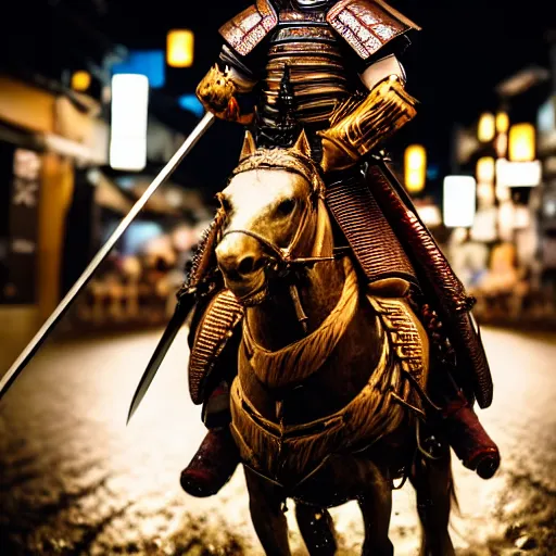Image similar to close up macro shot of a roman general riding a horse fighting a samurai with swords on wet tokyo street at night, intricate, hyper detailed, smooth, dramatic lighting, cinematic