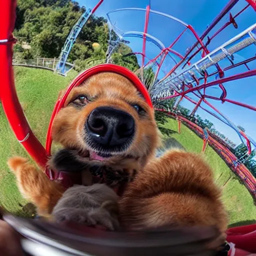 Prompt: selfie of a dog riding a roller coaster, wide angle, highly detailed