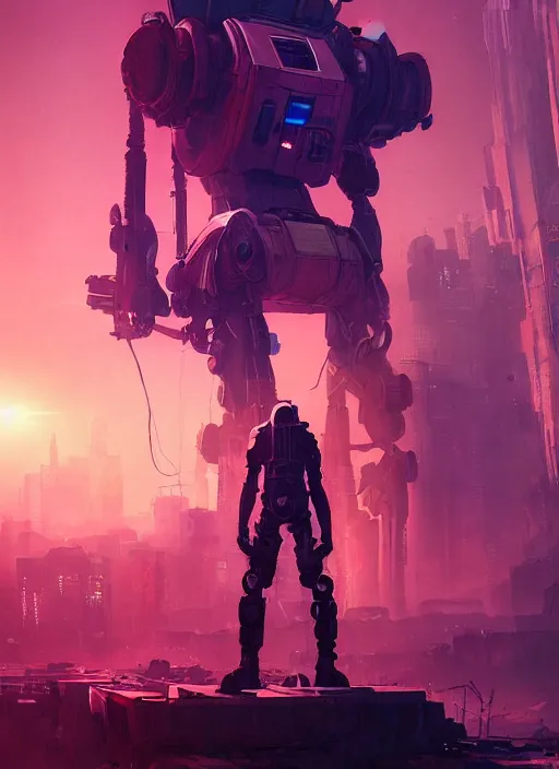 Image similar to a painting of a giant robot standing in front of a post apocalyptic city ruins, cyberpunk art by beeple, artstation hd, dystopian art, apocalypse art, sci - fi, glowing neon lights anamorphic lens flare