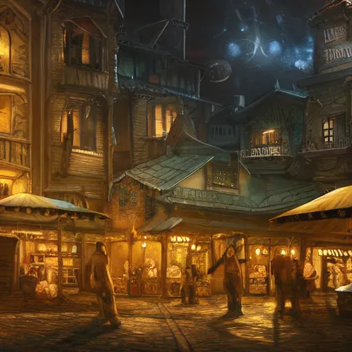 Prompt: middle aged market place getting visited by aliens, painting, very detailed, cinematic, 4K