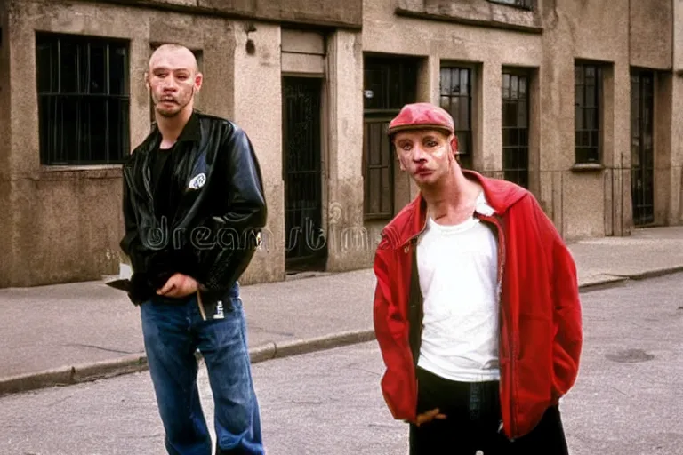 Prompt: close view headshot portrait of a pair knacker, tall and small, posing on a street, sad, in gangsta comedy of 1990s, movie shot, Lock, Stock and Two Smoking Barrels