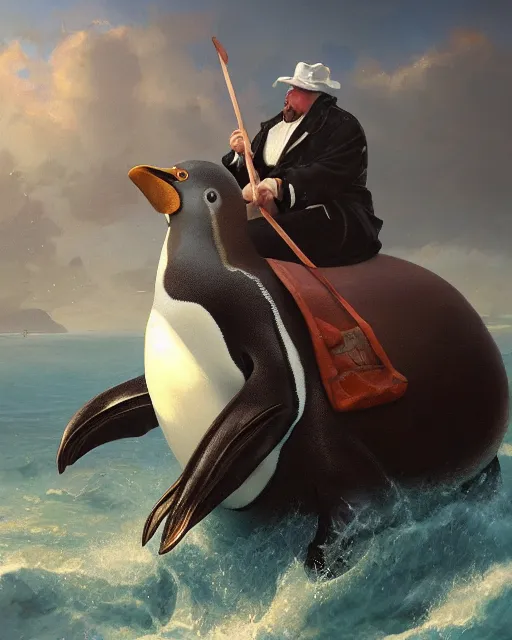 Image similar to oil painting of Penguin captain riding walrus, sharp focus, fantasy style, octane render, volumetric lighting, 8k high definition, by greg rutkowski, highly detailed, trending on art Station, magic the gathering artwork, Beach backround centered