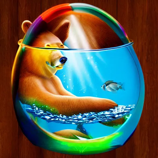 Image similar to a swimming bear inside of a fish bowl