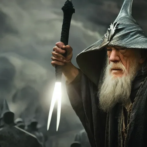 Image similar to the evil ian mckellen smothin on an anvil as gandalf in a dark viking hood playing odin all father from the thor movie crafting a neural network with synapses on am anvil, highly detailed, cinematic shot, cinematic lighting, 8 k, exquisit facial detail