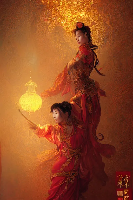 Image similar to tarot card artstation, portrait of an asian love dancer, sunrise, baroque ornamnet and rococo ornament, ancient chinese ornate, hyperdetailed, beautiful lighting, craig mullins, mucha, klimt, yoshitaka amano, red and gold and orange color palatte