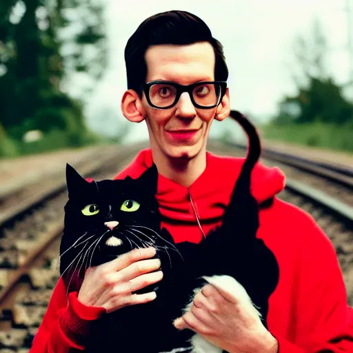 Image similar to an album of neil cicierega holding a cat, in a red color style, in a railroad background