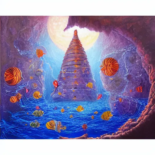 Prompt: highly detailed pleadian towers and worlds with mermaids swimming in the deep with blue hue oil painting