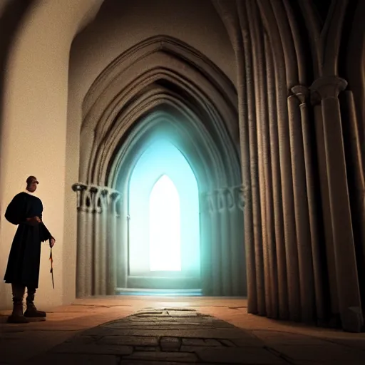 Prompt: a wizard standing in front of a portal opening up inside a cathedral. fantasy. octane render.