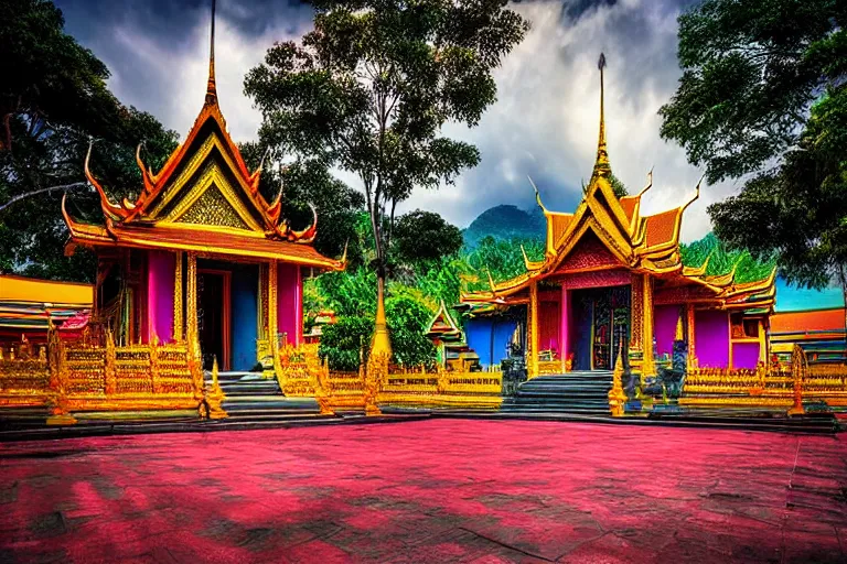Image similar to summer morning, thai temple, rolling mountain, very coherent and colorful high contrast, art, dark shadows, hard lighting