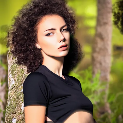 Image similar to clear photorealistic mockup product photograph of a blank black tshirt on an attractive female model in front of a nature background - h 7 0 4