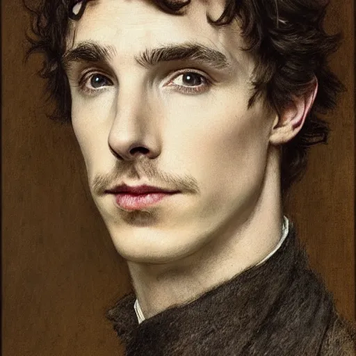 Prompt: portrait of a hybrid of benedict cumberbatch and freddie highmore and timothee chalamet, photo realistic, highly detailed, perfect face, portrait painting by arthur rackham, eugene de blaas, frederic leighton