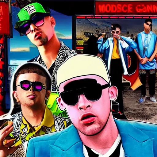 Prompt: bad bunny yonaguni music video bad bunny in the style of grand theft auto v cover art