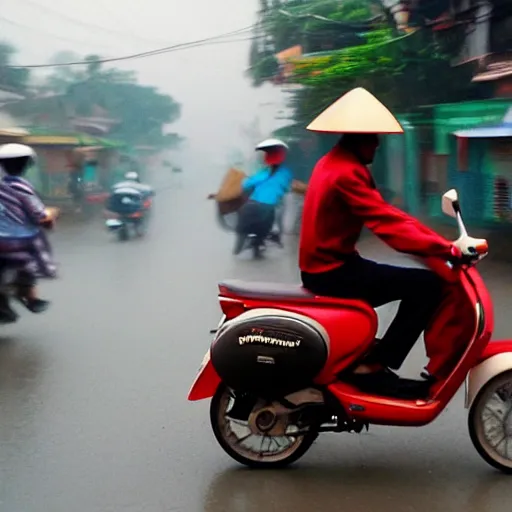 Image similar to a man riding a moped during a tornado hurricane, hanoi vietnam